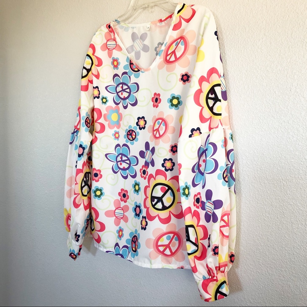Vintage Colorful Floral & Peace Sign Top Sz Medium - Picture 2 of 8